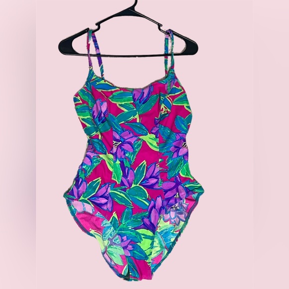Late 80s early 90s one piece swimsuit with neon vibrant floral print  | large - Picture 2 of 6